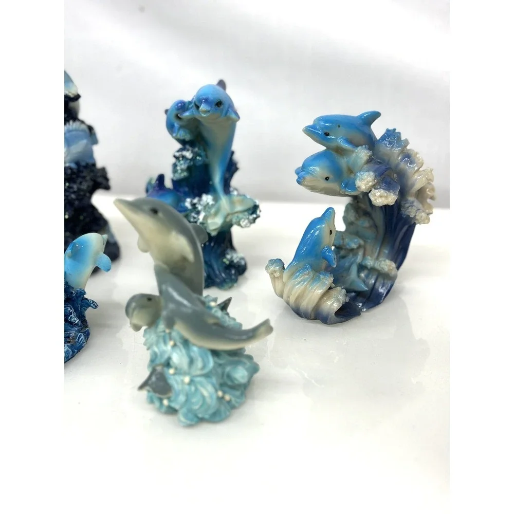 Marine Sea Ocean Set of 7 Blue Dolphins Swimming Over Giant Reef Waves Figurine